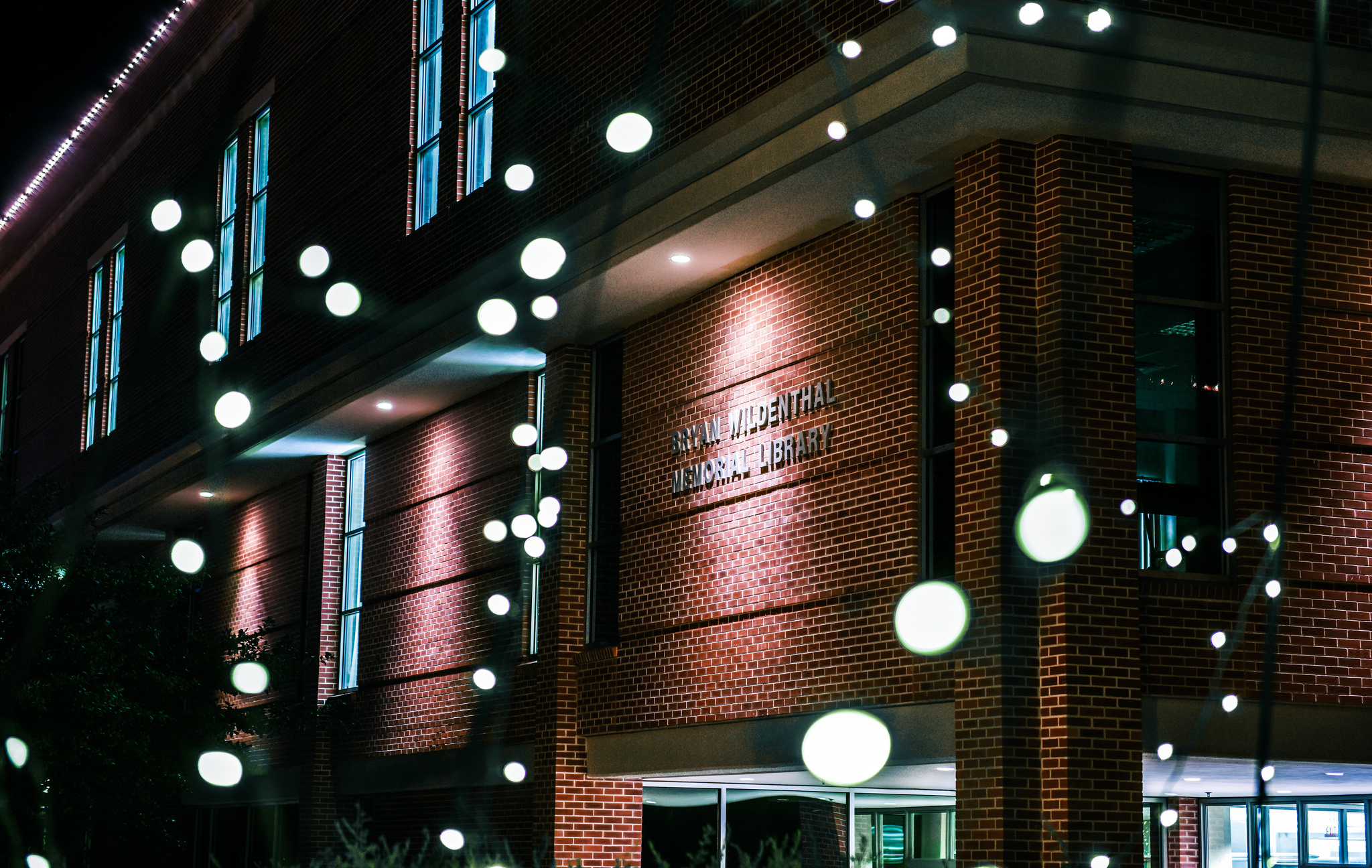 SRSU Library at night with Christmas lights.